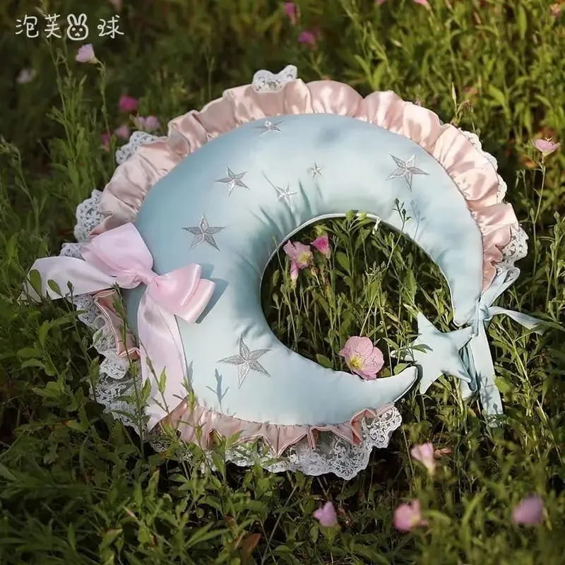 Crescent Moon Pillow | Kawaii Celestial Star Ruffle Decorative
