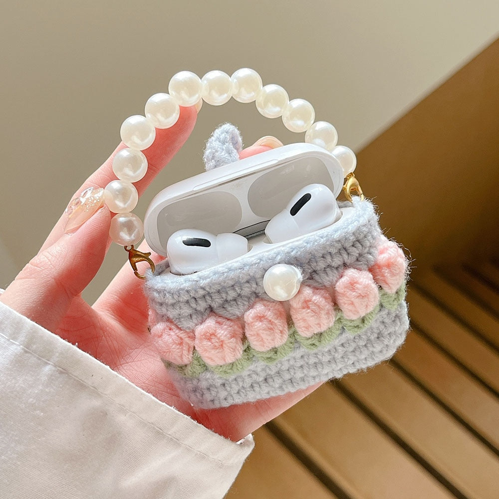 Pink Knit Crochet Floral Tulip Airpods Case Floral | Kawaii Babe