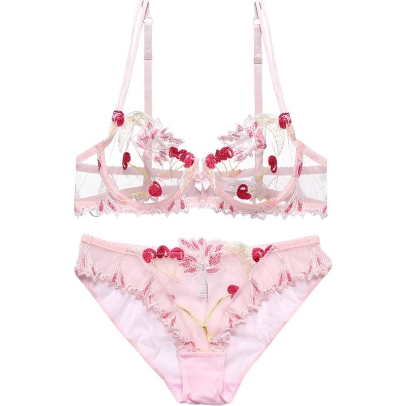 Kawaii cute cherry print lace lingerie set panties and bra combo