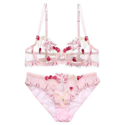 Kawaii cute cherry print lace lingerie set panties and bra combo