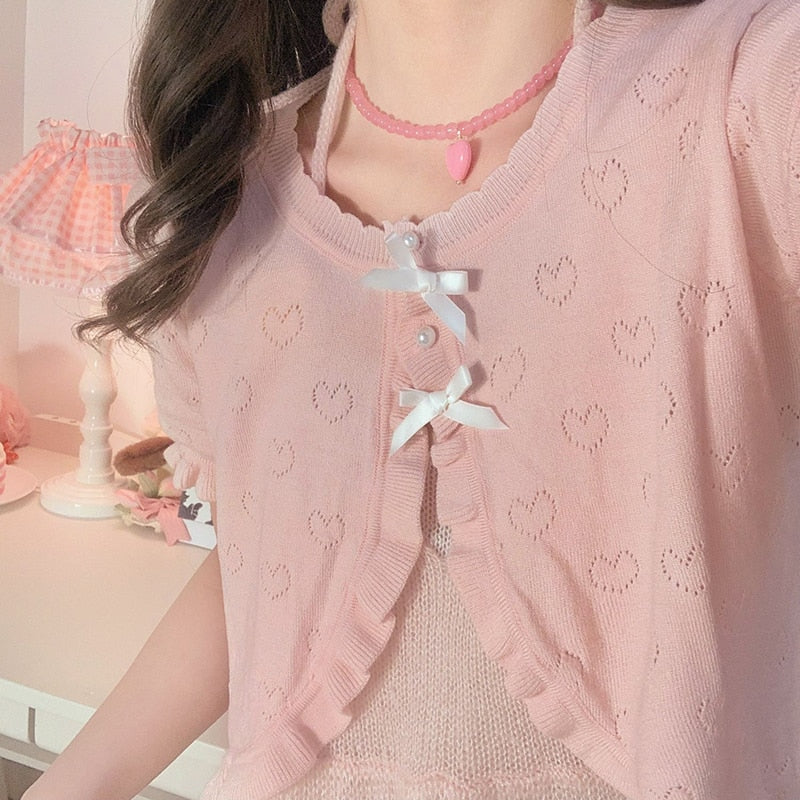 Dainty heart knitted cardigan - dollette - fairycore - hearts - kawaii - knit