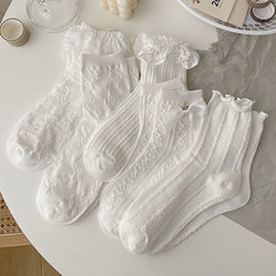 Kawaii dainty white lace socks ruffled floral hearts bows