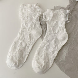 Kawaii dainty white lace socks ruffled floral hearts bows