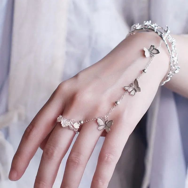 Dangling Butterfly Chain Bracelet and Ring Silver Ethereal