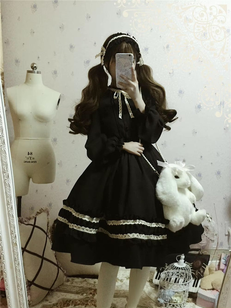 Dark Ruffled Lace Ribbon & Bows Academia Black Dress