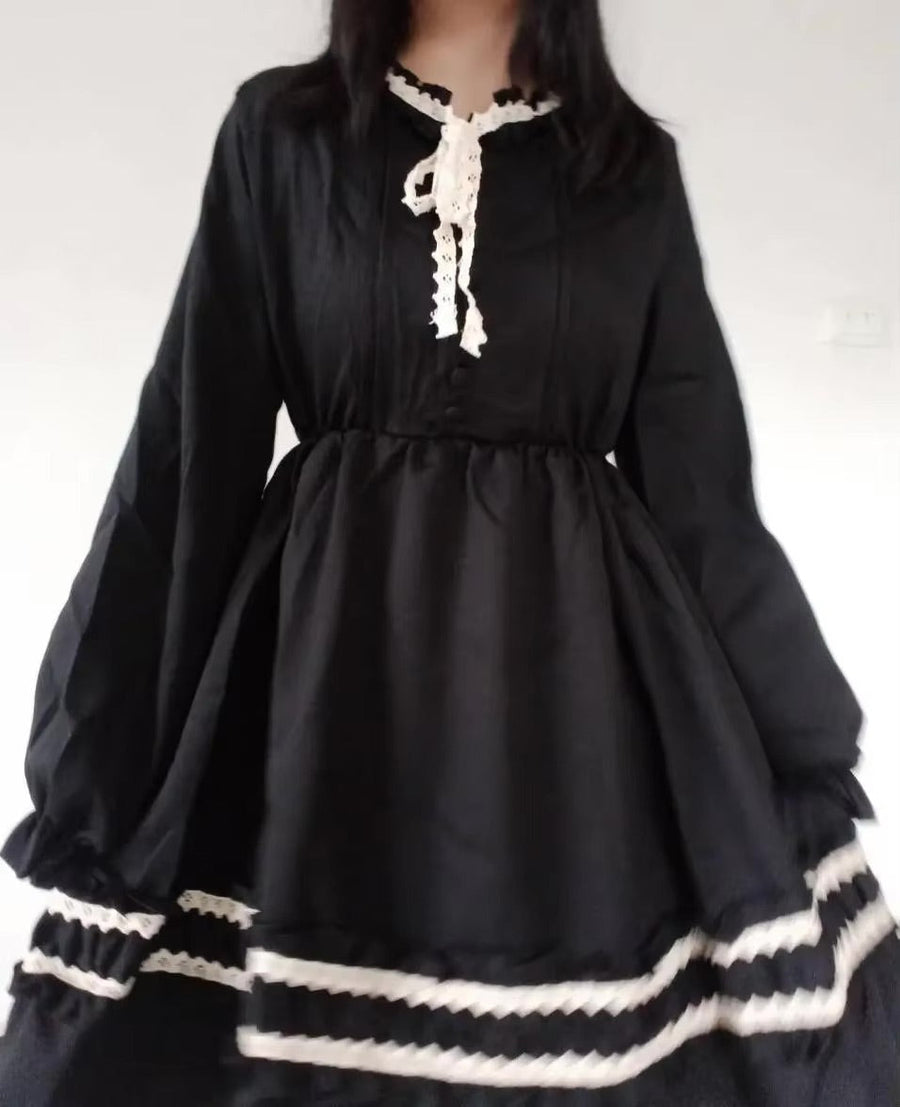 Dark Ruffled Lace Ribbon & Bows Academia Black Dress | Kawaii Babe