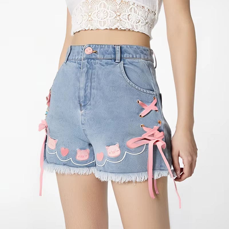 Kawaii denim neko cat blue high waisted shorts