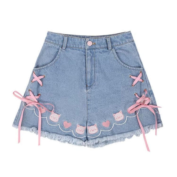 Kawaii denim neko cat blue high waisted shorts