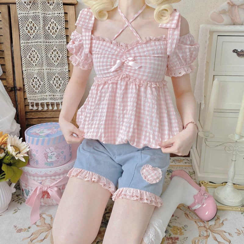 Denim ruffle heart shorts - denim - hearts - kawaii - lace - pink