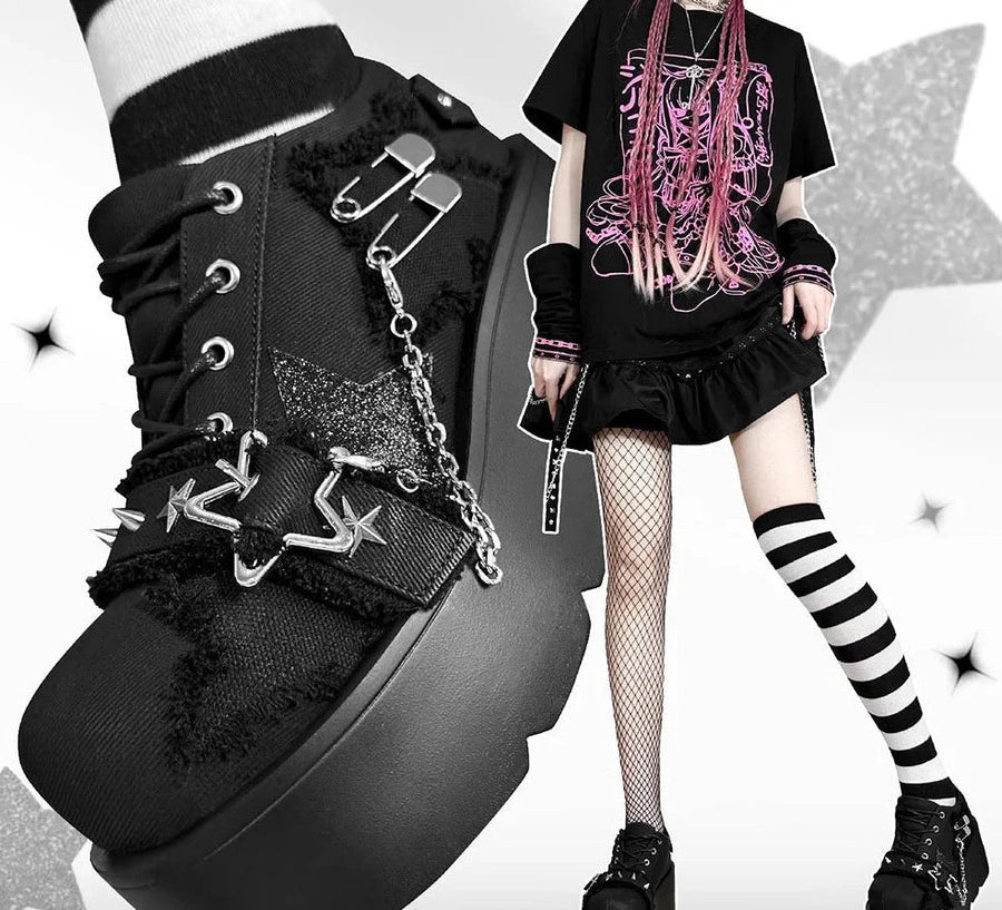 Denim & Goth Black Footwear Y2K Platform Shoes Sneakers | Kawaii Babe