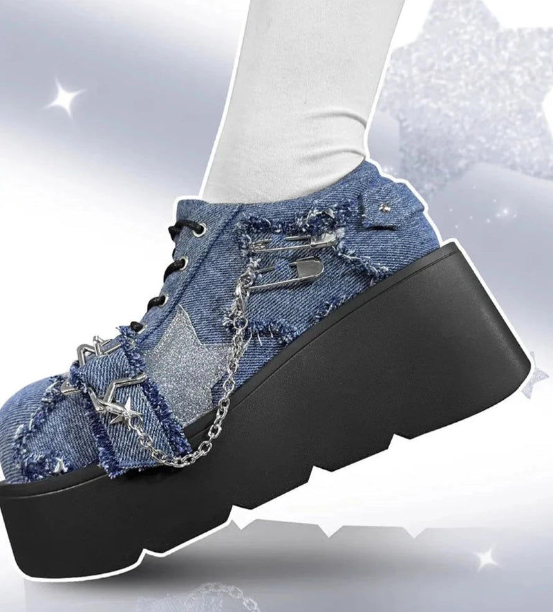 Denim y2k platform mary jane shoes - blue - chain - denim - footwear - goth