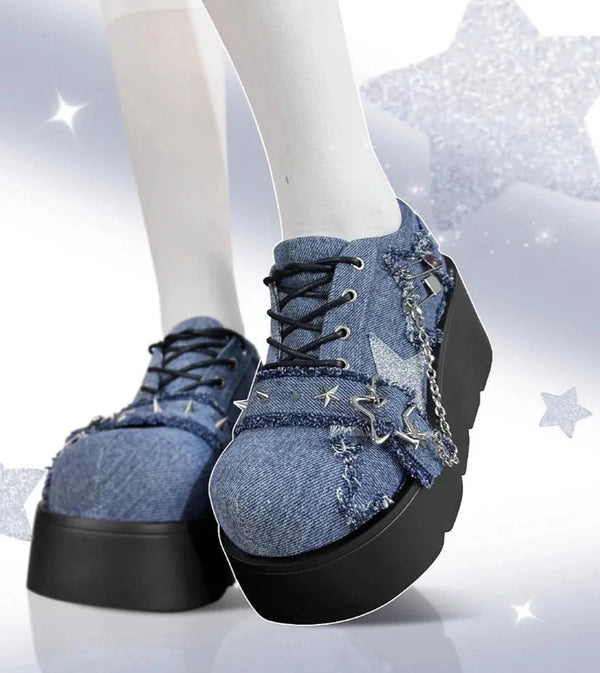 Denim y2k platform mary jane shoes - blue - chain - denim - footwear - goth