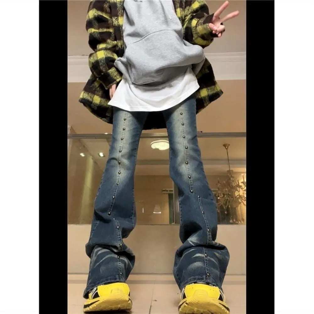 Distressed Y2K Grunge Flare Jeans | Graphic Bell Bottom Denim
