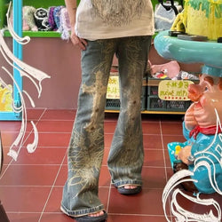 Distressed Y2K Grunge Flare Jeans | Graphic Bell Bottom Denim