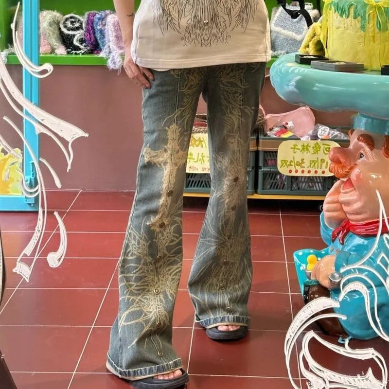 Distressed Y2K Grunge Flare Jeans | Graphic Bell Bottom Denim