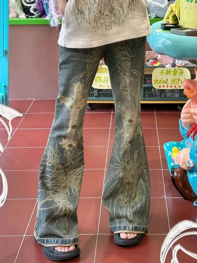 Distressed Y2K Grunge Flare Jeans | Graphic Bell Bottom Denim