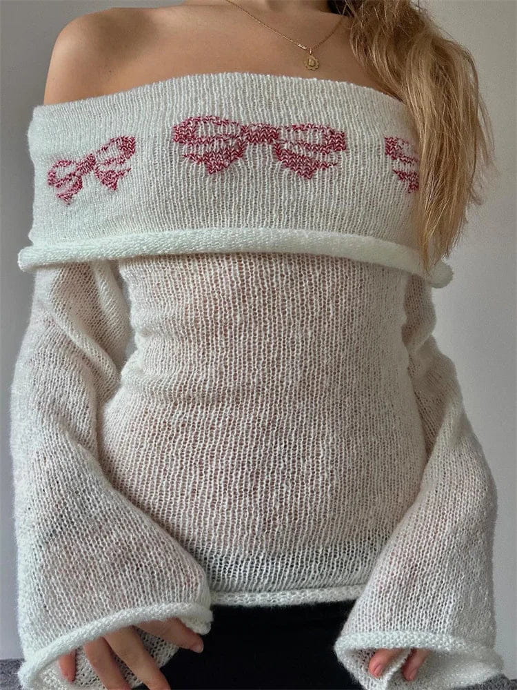 White Dollette off the shoulder knit sweater with pink ribbon bows
