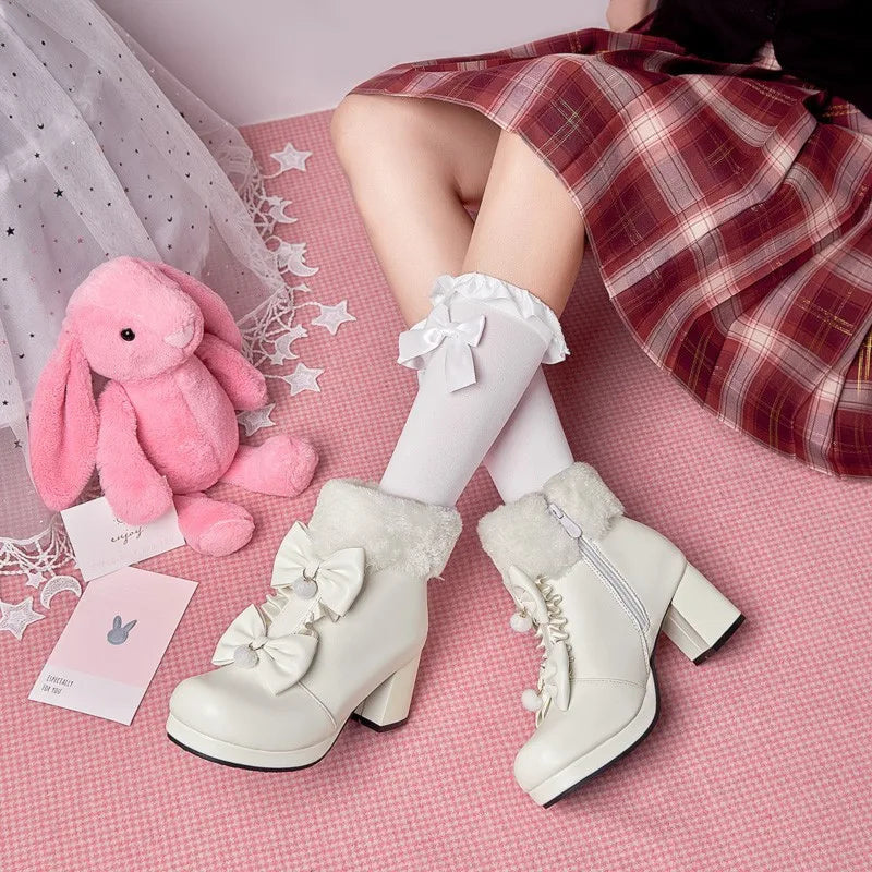 Kawaii dollette winter booties bows platform heel shoes footwear