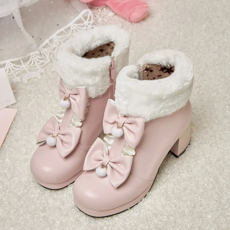 Kawaii dollette winter booties bows platform heel shoes footwear