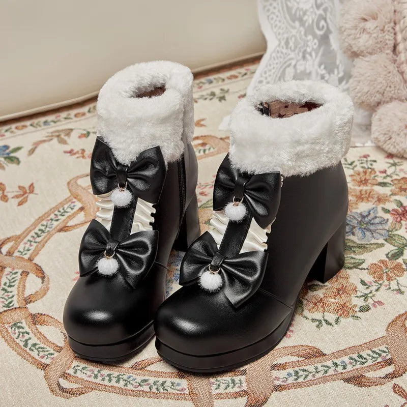 Kawaii dollette winter booties bows platform heel shoes footwear