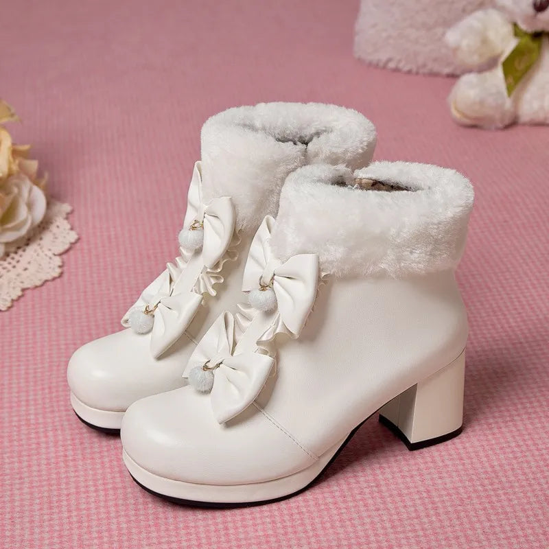 Kawaii dollette winter booties bows platform heel shoes footwear