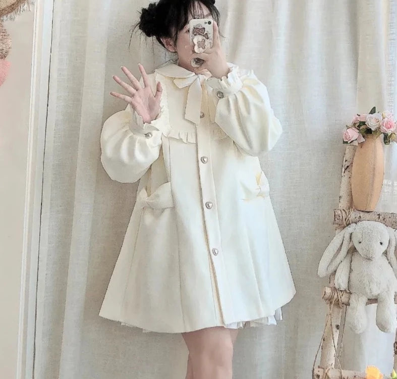 Dolly cream button up jacket - bows - coats - cuff - fleece - jackets