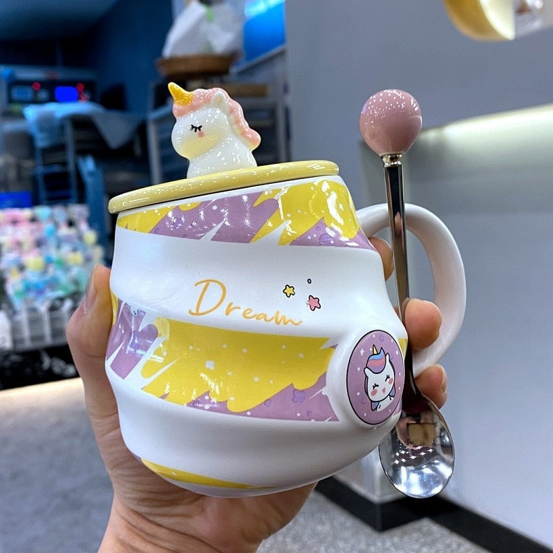 Buy HOMIES 1 Piece Cute Unicorn Printed Ceramic Mug with Lid & 3D Cute  Spoon, Tea Cup, Stylish Ceramic Coffee Cup, Milk Mug for Kids (Pink  (Unicorn)) Online at Low Prices in