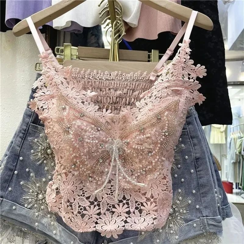 Kawaii embroidered butterfly camisole tank top fairycore