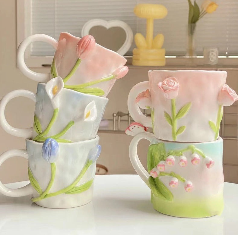 Floral handpainted mugs - angelcore - angelic - bottles - cup - cups