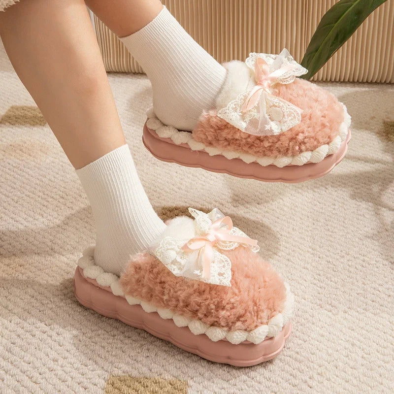 Fluffy ribbon slippers - bows - fluffy - kawaii - loungewear - pastel