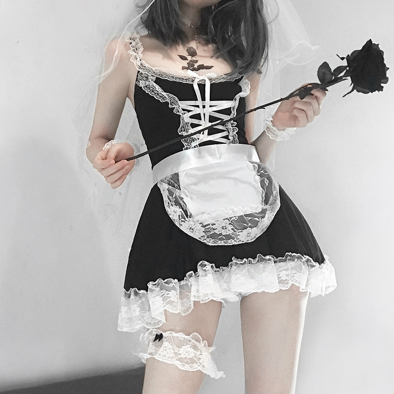 French Maid Costume Dress with Lace Ruffles Corset Lacing and Apron – Kawaii Babe