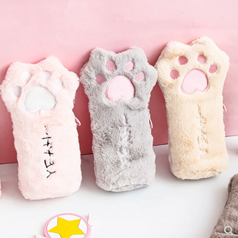 Soft Fuzzy Pink Brown Kitten Cat Paw Pencil Case Kawaii Babe