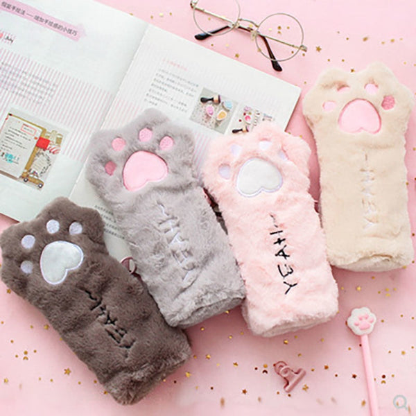 Furry kitten paw pencil case - cosmetic bag - fuzzy - kawaii - paw print - paws