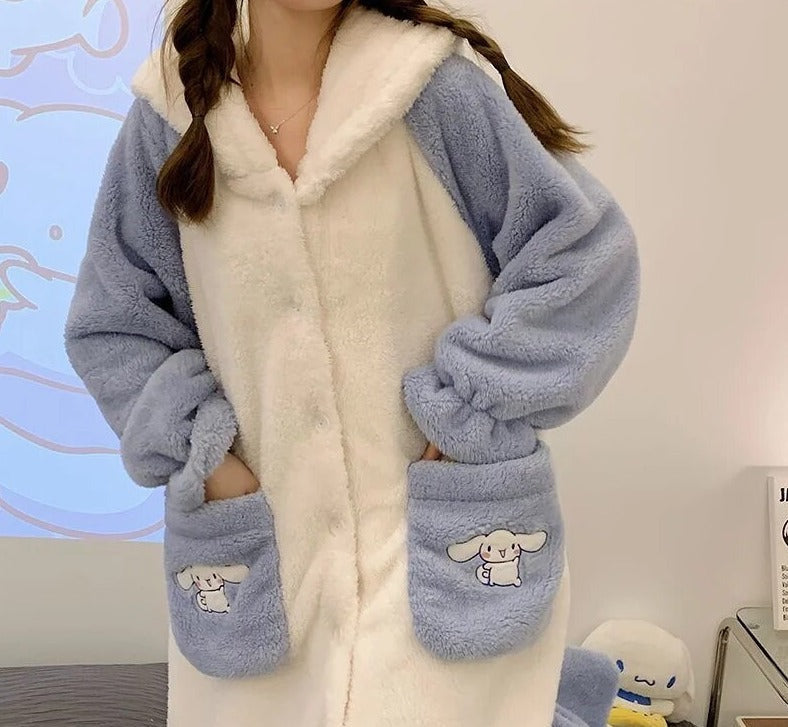 Fuzzy cinna pajama night dress set - blue - cinnamoroll - fleece - fuzzy - hoodie