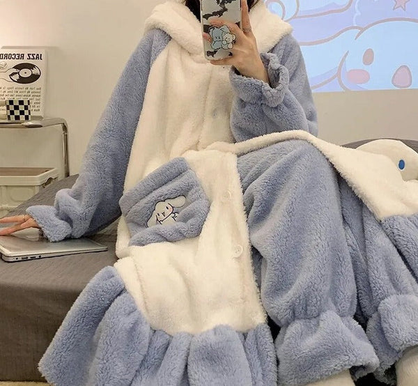 Fuzzy cinna pajama night dress set - blue - cinnamoroll - fleece - fuzzy - hoodie