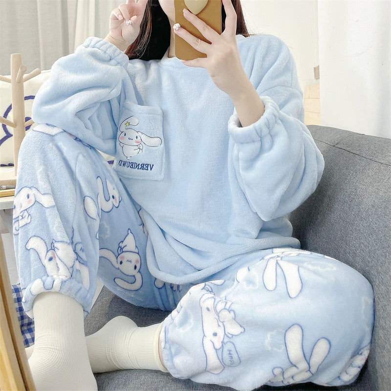 Fuzzy cinna pajama set - blue - cinnamoroll - fleece - kawaii - pajama set