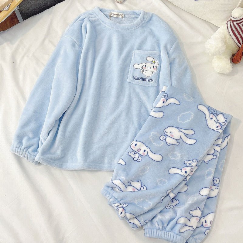 Fuzzy cinna pajama set - blue - cinnamoroll - fleece - kawaii - pajama set