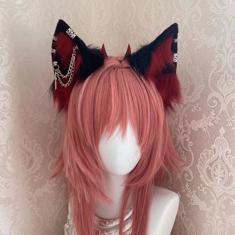 Kawaii fuzzy goth red black cosplay kitsune fox ears with chains