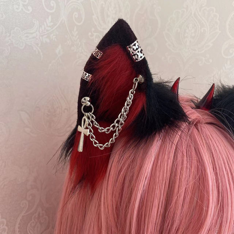 Kawaii fuzzy goth red black cosplay kitsune fox ears with chains