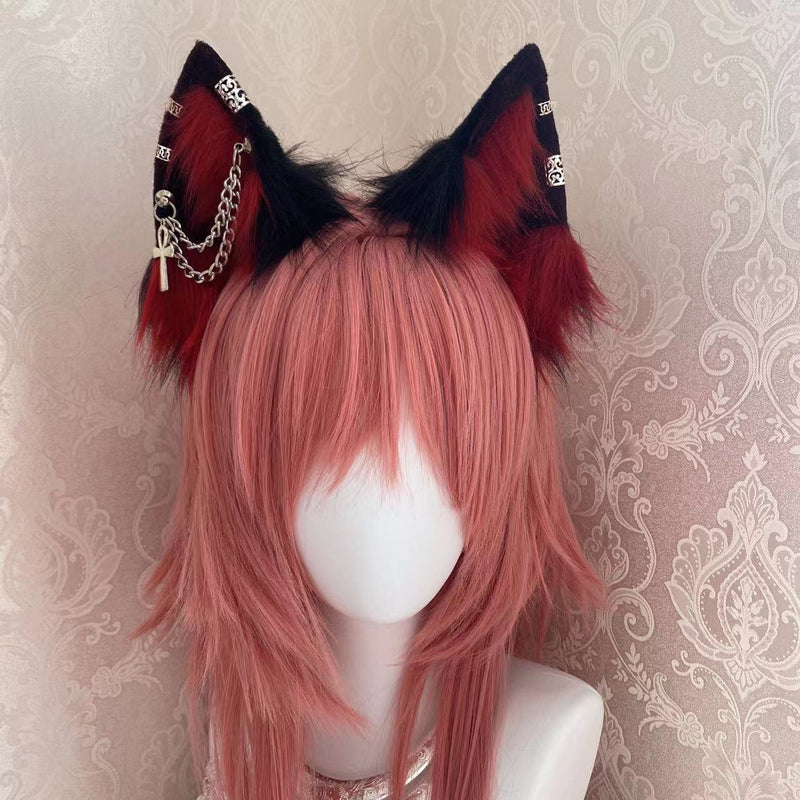 Kawaii fuzzy goth red black cosplay kitsune fox ears with chains