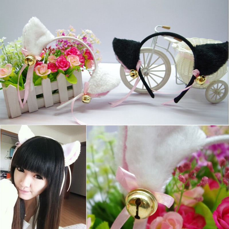 Fuzzy neko ears - cat - bell - ear head band - headband - ears