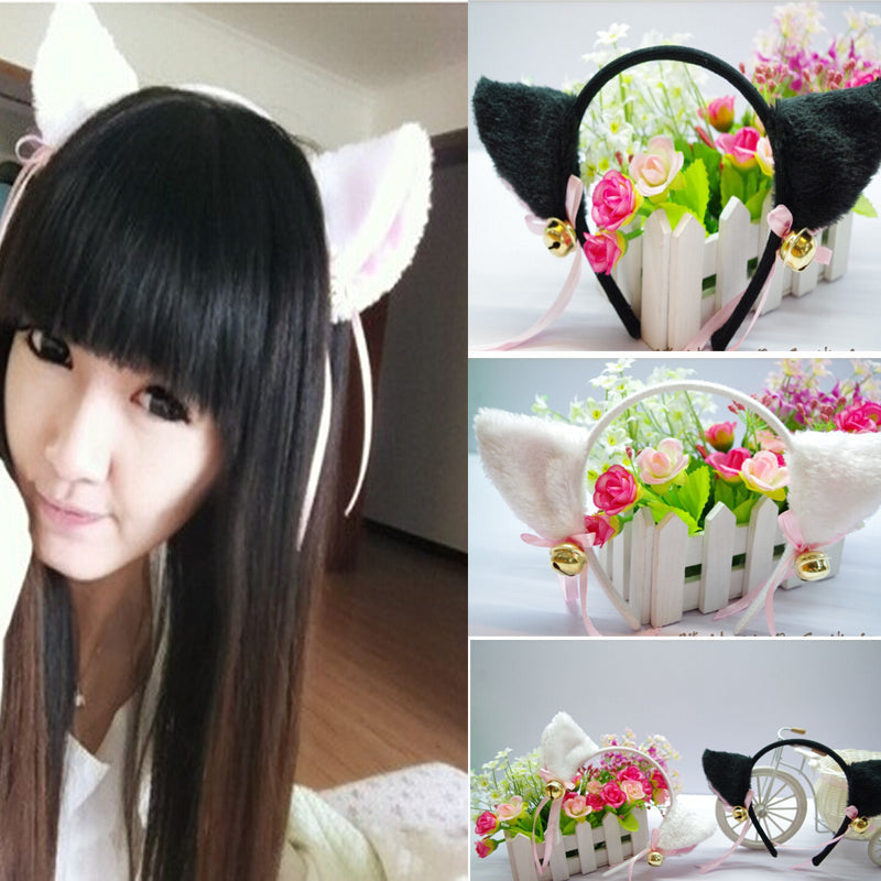 Fuzzy neko ears - cat - bell - ear head band - headband - ears