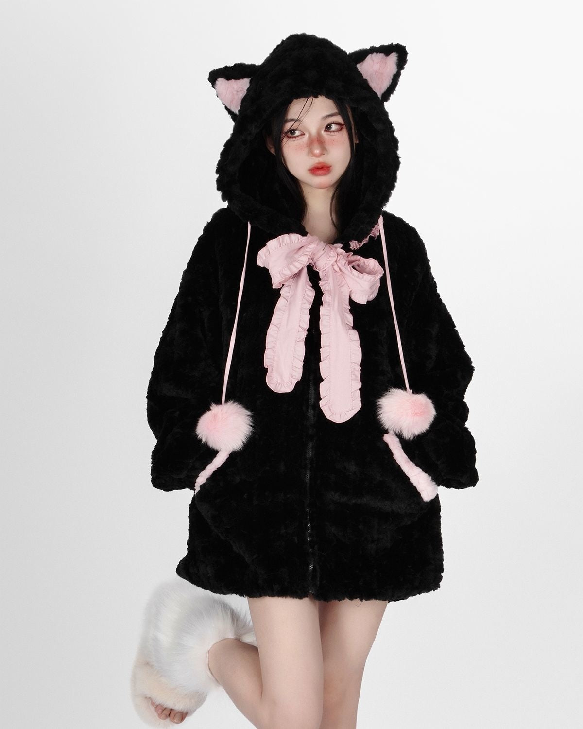 Qutie Zip Up Pompom Detail Hooded Fuzzy Jacket