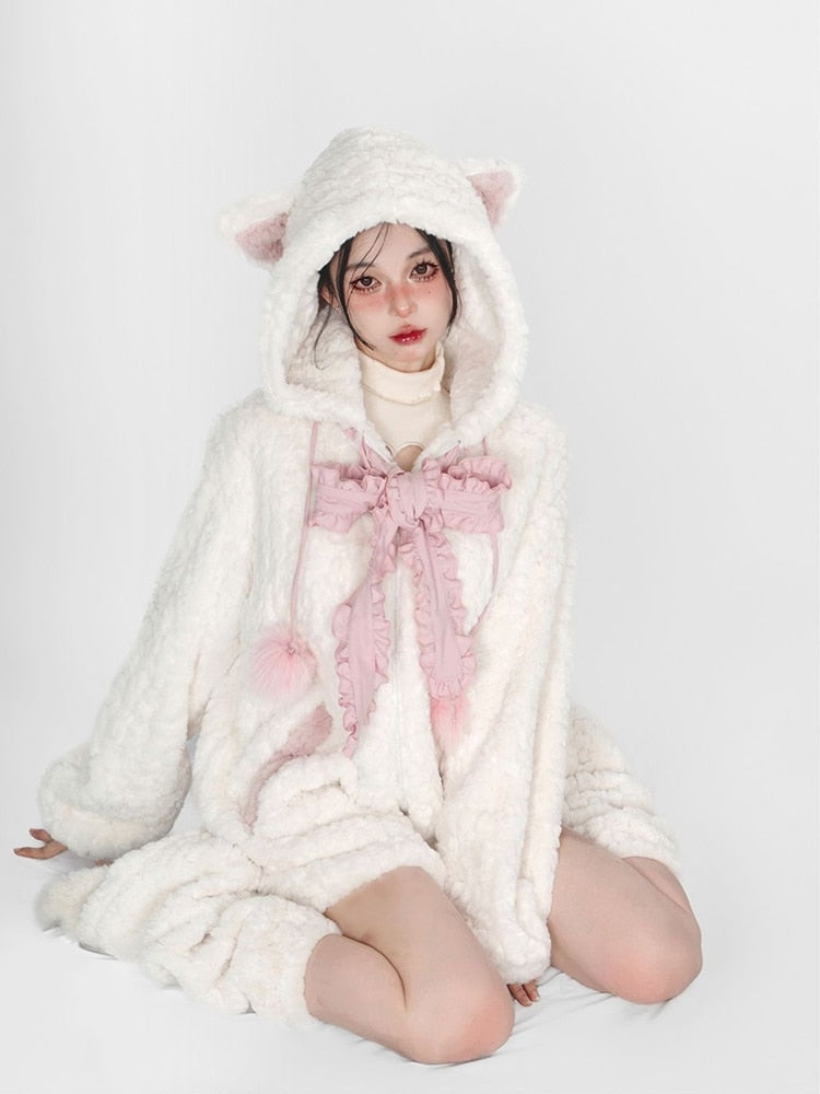 Fuzzy neko pompom hooded coat - cat hoodie - sweater - high tops - hooded -