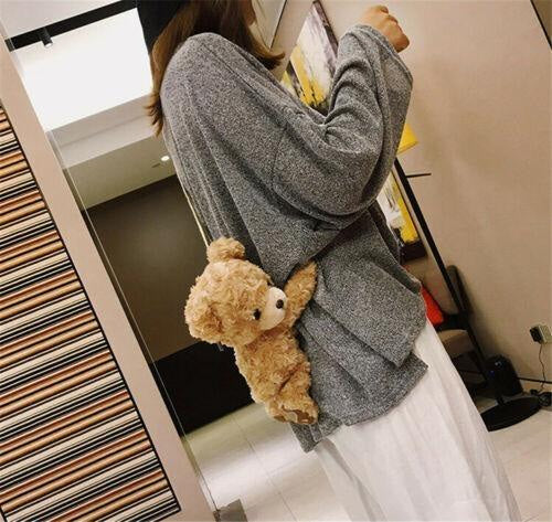 Kawaii fuzzy soft brown teddy bear messenger bag cross body