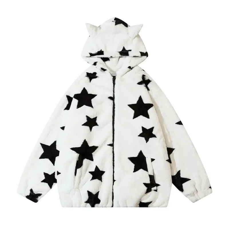 Kawaii fuzzy stars y2k oversized zip up hoodie sweater