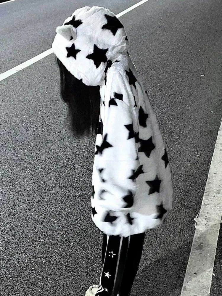 Kawaii fuzzy stars y2k oversized zip up hoodie sweater