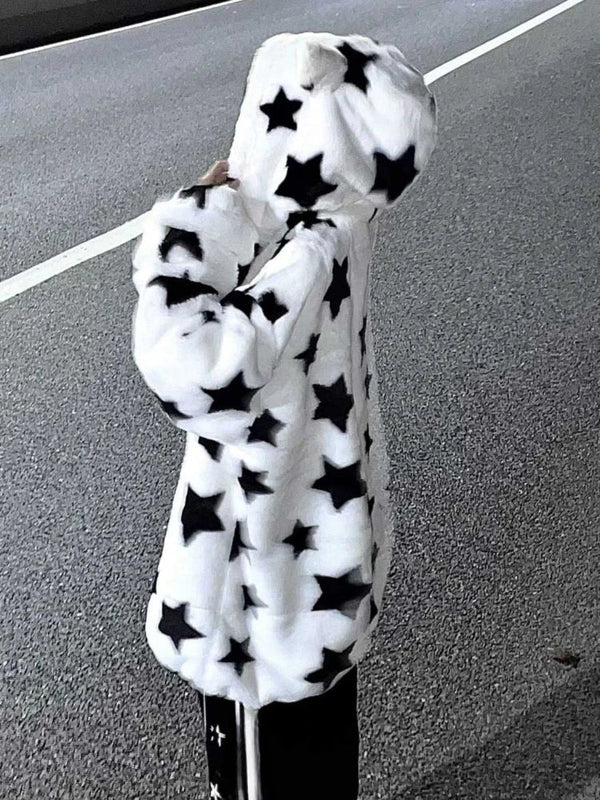 Kawaii fuzzy stars y2k oversized zip up hoodie sweater