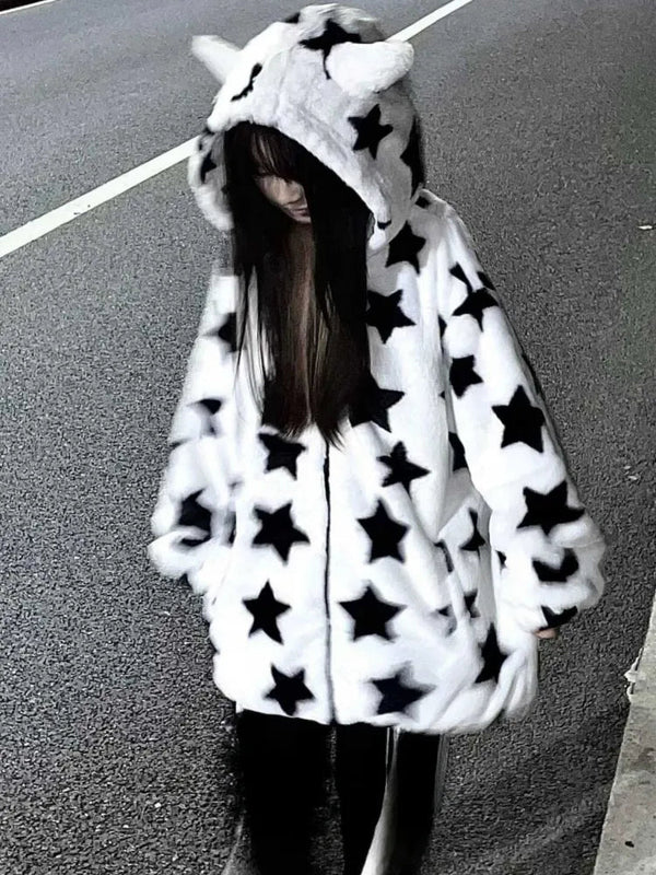 Kawaii fuzzy stars y2k oversized zip up hoodie sweater