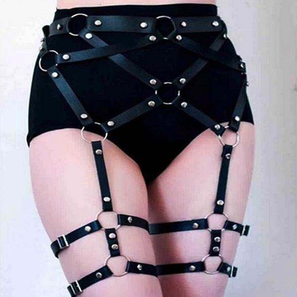 Garter leg harness - alternative - black leather - garter - belt - goth